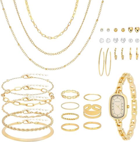 NEWITIN 61 Pieces Gold Jewelry Set for Women Fashion Costume Jewelry Gold Plated Necklace Bracelet Watch Ring Earrings Set for Women in Saudi Arabia