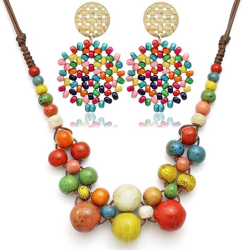 2 Pcs Hippie Boho Colorful Ceramic Beaded Necklace and Earrings Set for Women Adjustable Chunky Round Beads Strand Statement Necklace Colorful Summer Beaded Earrings Bohemian Jewelry Gift in Saudi Arabia