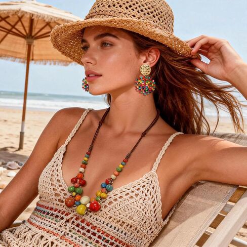2 Pcs Hippie Boho Colorful Ceramic Beaded Necklace and Earrings Set for Women Adjustable Chunky Round Beads Strand Statement Necklace Colorful Summer Beaded Earrings Bohemian Jewelry Gift in Saudi Arabia