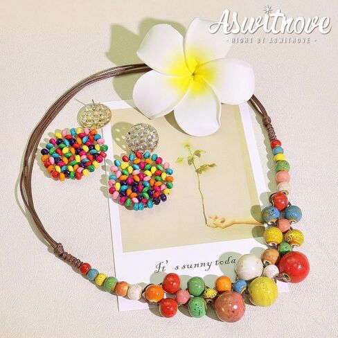 2 Pcs Hippie Boho Colorful Ceramic Beaded Necklace and Earrings Set for Women Adjustable Chunky Round Beads Strand Statement Necklace Colorful Summer Beaded Earrings Bohemian Jewelry Gift in Saudi Arabia