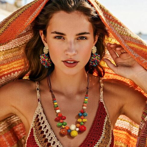 2 Pcs Hippie Boho Colorful Ceramic Beaded Necklace and Earrings Set for Women Adjustable Chunky Round Beads Strand Statement Necklace Colorful Summer Beaded Earrings Bohemian Jewelry Gift in Saudi Arabia