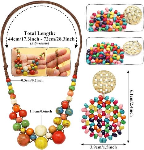 2 Pcs Hippie Boho Colorful Ceramic Beaded Necklace and Earrings Set for Women Adjustable Chunky Round Beads Strand Statement Necklace Colorful Summer Beaded Earrings Bohemian Jewelry Gift in Saudi Arabia