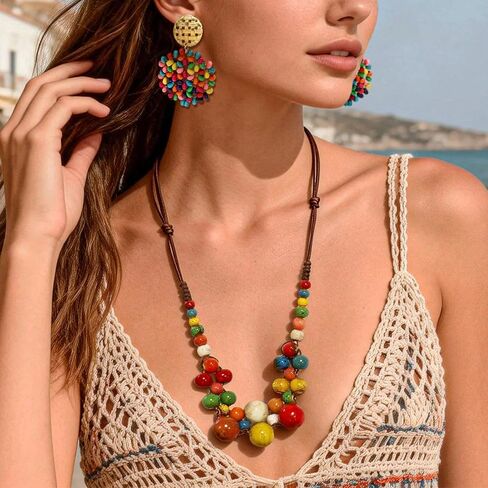 2 Pcs Hippie Boho Colorful Ceramic Beaded Necklace and Earrings Set for Women Adjustable Chunky Round Beads Strand Statement Necklace Colorful Summer Beaded Earrings Bohemian Jewelry Gift in Saudi Arabia