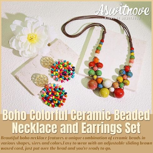 2 Pcs Hippie Boho Colorful Ceramic Beaded Necklace and Earrings Set for Women Adjustable Chunky Round Beads Strand Statement Necklace Colorful Summer Beaded Earrings Bohemian Jewelry Gift in Saudi Arabia