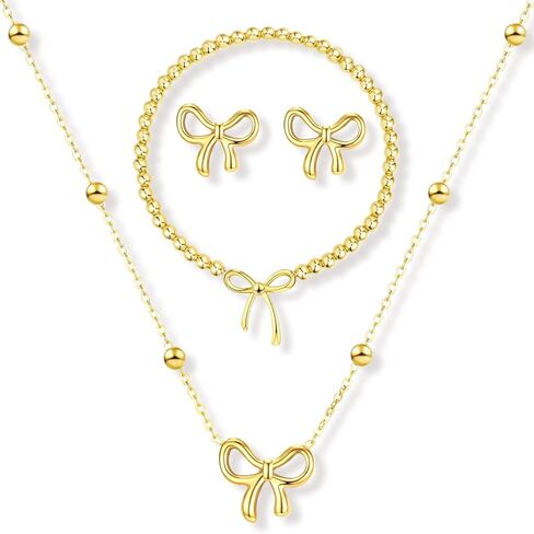 مجموعة مجوهرات ذهبية للنساء عقد على شكل فيونكة وأقراط وسوار على شكل فيونكة صغيرة قلادة أنيقة على شكل قلادة مطلية بالذهب عيار 14 قيراط ومطرزة بسوار قابل للتكديس على شكل فيونكة هدايا مجوهرات in Kuwait