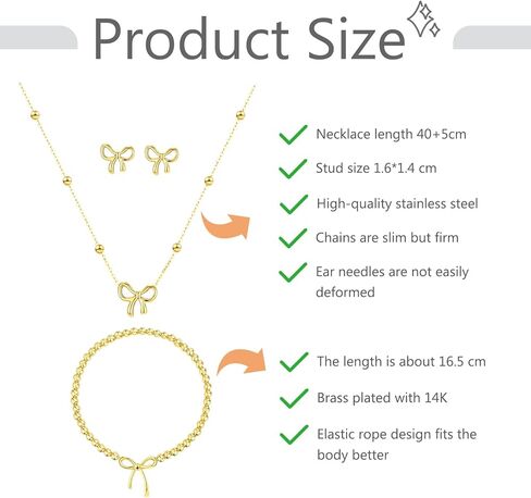 مجموعة مجوهرات ذهبية للنساء عقد على شكل فيونكة وأقراط وسوار على شكل فيونكة صغيرة قلادة أنيقة على شكل قلادة مطلية بالذهب عيار 14 قيراط ومطرزة بسوار قابل للتكديس على شكل فيونكة هدايا مجوهرات in Kuwait