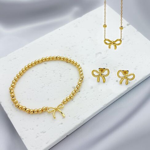 مجموعة مجوهرات ذهبية للنساء عقد على شكل فيونكة وأقراط وسوار على شكل فيونكة صغيرة قلادة أنيقة على شكل قلادة مطلية بالذهب عيار 14 قيراط ومطرزة بسوار قابل للتكديس على شكل فيونكة هدايا مجوهرات in Kuwait