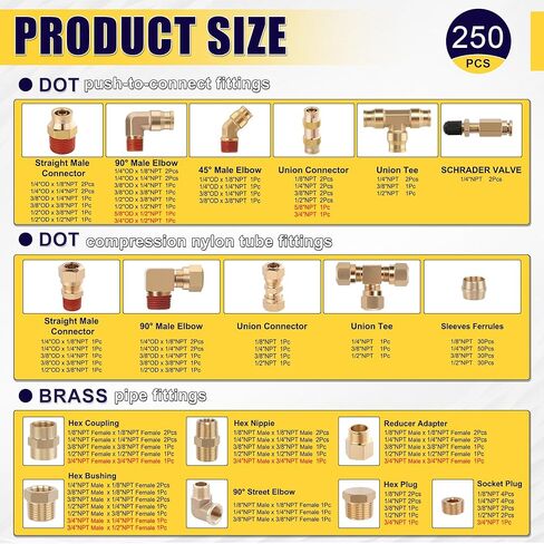 250 Pcs Brass DOT Air Brake Line Fittings & Air Nylon Tube Compression Fittings Assortment Kits,1/4" 1/8" 3/8" 1/2" 5/8" 3/4" NPT Push To Connect Fittings Quick Connect Air Hose Fittings in Saudi Arabia