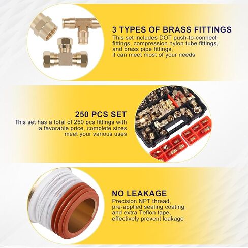 250 Pcs Brass DOT Air Brake Line Fittings & Air Nylon Tube Compression Fittings Assortment Kits,1/4" 1/8" 3/8" 1/2" 5/8" 3/4" NPT Push To Connect Fittings Quick Connect Air Hose Fittings in Saudi Arabia