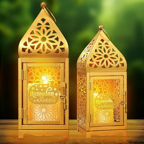 2 قطعة فوانيس رمضان معدنية مع 2 قطعة شموع LED مغربية للعيد المغربي برج ذهبي كبير حامل شموع فانوس للتعليق، الفناء الخارجي أو الشرفة، داخلي، طاولة، ديكور المنزل in Kuwait
