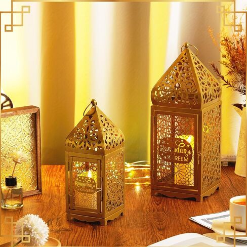 2 قطعة فوانيس رمضان معدنية مع 2 قطعة شموع LED مغربية للعيد المغربي برج ذهبي كبير حامل شموع فانوس للتعليق، الفناء الخارجي أو الشرفة، داخلي، طاولة، ديكور المنزل in Kuwait