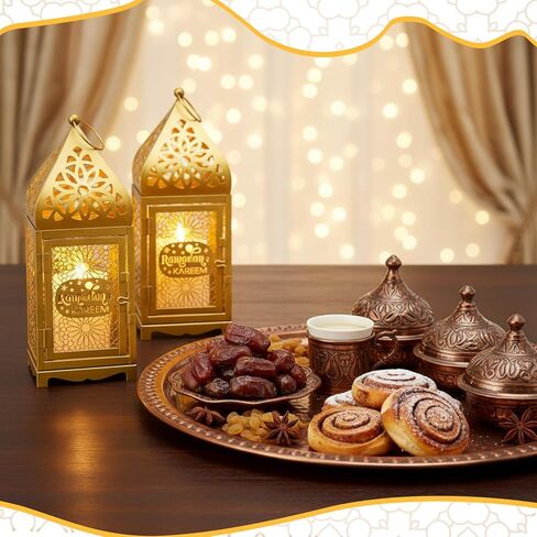 2 قطعة فوانيس رمضان معدنية مع 2 قطعة شموع LED مغربية للعيد المغربي برج ذهبي كبير حامل شموع فانوس للتعليق، الفناء الخارجي أو الشرفة، داخلي، طاولة، ديكور المنزل in Kuwait