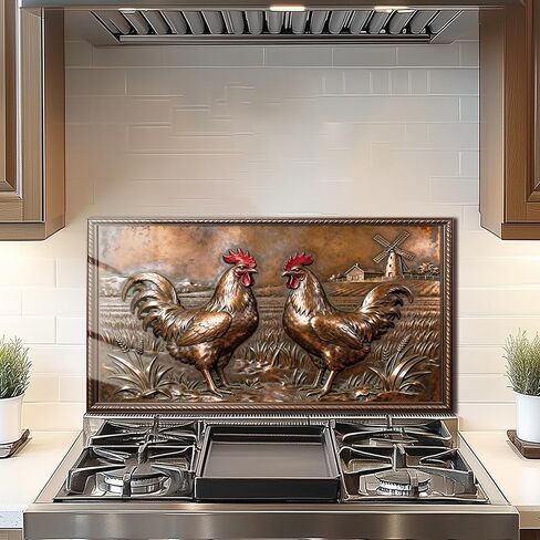DAIFURONGE Tempered Glass Backsplash for Kitchen, Copper Rooster Art Stove Backsplash Protector - Easy to Clean Wall Decor (30"x16"(76.2x40.64cm)) in Kuwait