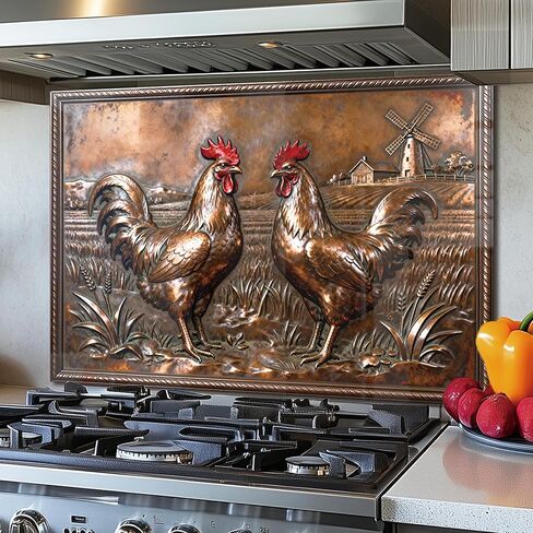 DAIFURONGE Tempered Glass Backsplash for Kitchen, Copper Rooster Art Stove Backsplash Protector - Easy to Clean Wall Decor (30"x16"(76.2x40.64cm)) in Kuwait