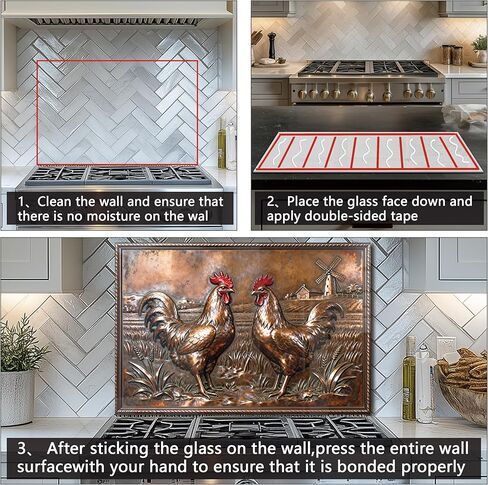 DAIFURONGE Tempered Glass Backsplash for Kitchen, Copper Rooster Art Stove Backsplash Protector - Easy to Clean Wall Decor (30"x16"(76.2x40.64cm)) in Kuwait