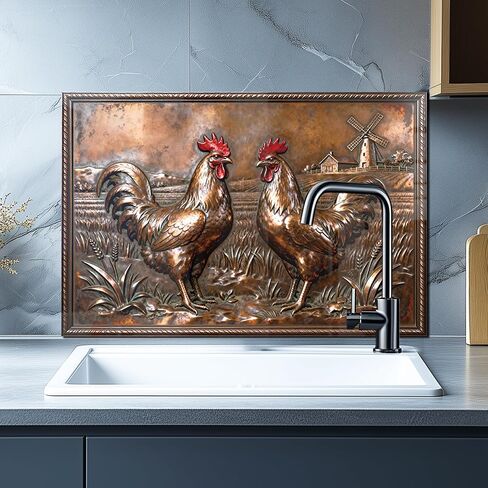 DAIFURONGE Tempered Glass Backsplash for Kitchen, Copper Rooster Art Stove Backsplash Protector - Easy to Clean Wall Decor (30"x16"(76.2x40.64cm)) in Kuwait