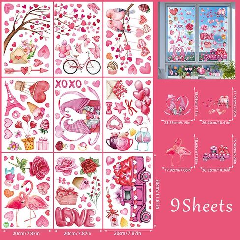 9 ورقات ديكور لعيد الحب، ملصقات نافذة لعيد الحب، ملصق كهروستاتيكي مزدوج الجوانب قابل لإعادة الاستخدام لديكورات نافذة عيد الحب in Kuwait