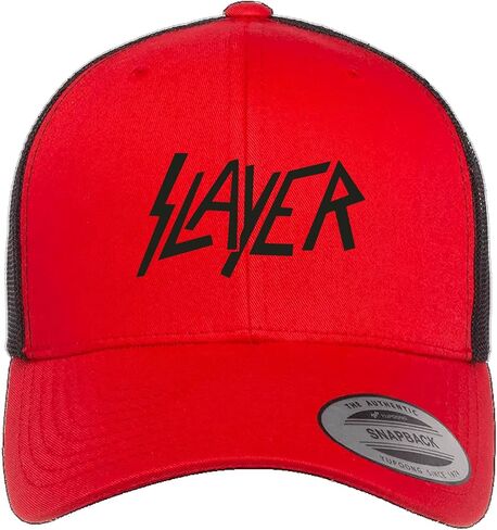 قبعة Mari Kyrios Slayer Thrash معدنية مضغوطة بالحرارة باللون الأحمر على قبعة منحنية سوداء - قبعة شبكية للبالغين لسائقي الشاحنات in Saudi Arabia