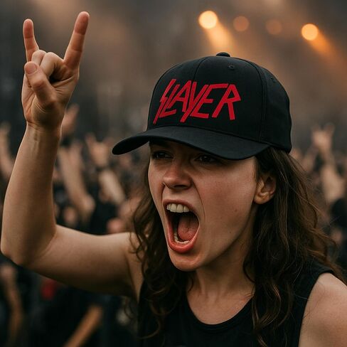 قبعة Mari Kyrios Slayer Thrash معدنية مضغوطة بالحرارة باللون الأحمر على قبعة منحنية سوداء - قبعة شبكية للبالغين لسائقي الشاحنات in Saudi Arabia