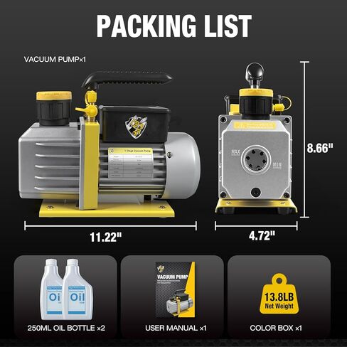 YELLOW JACKET Vacuum Pump 5 CFM, 110V, 1/3 HP, Single Stage Rotary Vane, A2L Sparkless Auto AC Vacuum Pump for R12, R22, R134a, R410a, R502, R32,R1234yf Systems, HVAC/AC Repair, Includes Oil Bottle in Saudi Arabia