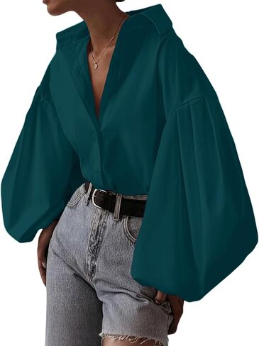 Women's Lapel Collar Button Down Lantern Long Sleeve Blouse Shirt Top in Saudi Arabia