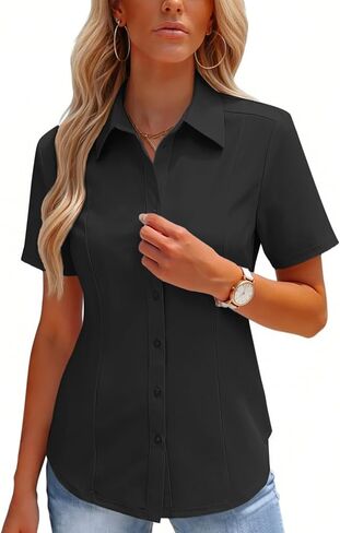 HOTOUCH Button Down Shirts for Women Short Sleeve Stretch Dress Shirt Wrinkle-Free Formal Work Blouses Summer Tops S-2XL in Saudi Arabia