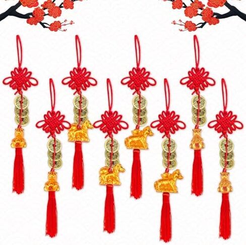 8 Strings Chinese New Year Lucky Coins Charms Chinese Feng Shui Coins 2026 Horse New Year Fortune Coins I-Ching Coins with Tassel Chinese Knot for Wealth Success Good Luck Hanging Decorations in Saudi Arabia