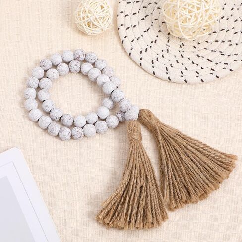 Cabilock Wood Bead Garland with Tassels, 33.5 Inch Farmhouse Beads Rustic Country Decor, Prayer Chic Boho Wall Hanging Decor for Bookshelf Mantle Coffee Table in Saudi Arabia