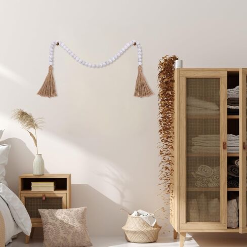 Cabilock Wood Bead Garland with Tassels, 33.5 Inch Farmhouse Beads Rustic Country Decor, Prayer Chic Boho Wall Hanging Decor for Bookshelf Mantle Coffee Table in Saudi Arabia