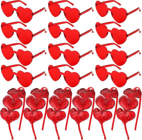 12 زوجًا من النظارات الشمسية على شكل قلب بدون حواف و12 قطعة كيوبيد الحب عصابة رأس القلب والترتر، نظارات بدون إطار على شكل قلب شفافة كاندي اللون نظارات الشعر هوب لحفلة عيد الحب in Saudi Arabia