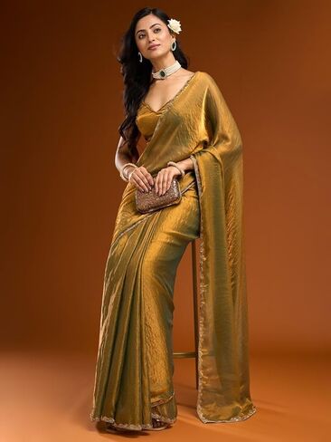 BackBox Trending Gold Two-Tone Fandy Silk Saree with Designer Border – Viral Insta Tiktok Party Wear Sari in Saudi Arabia