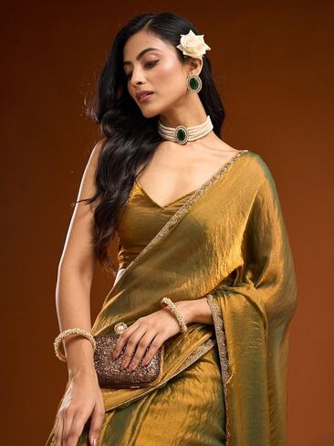 BackBox Trending Gold Two-Tone Fandy Silk Saree with Designer Border – Viral Insta Tiktok Party Wear Sari in Saudi Arabia