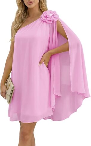 CHICME Womens Summer Mini Dress One Shoulder Chiffon Spring Dress with 3D Flower Detail Wedding Cocktail Beach Dresses in Saudi Arabia