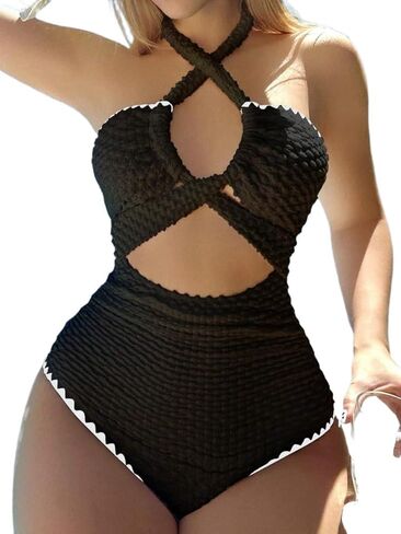 Women's Halter Neck Backless Colorblock Cutout Sexy Monokini Swimsuit - Summer Beach Swimwear for Women in Saudi Arabia