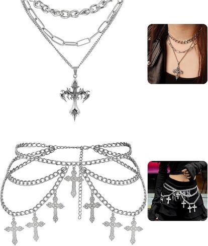 Cross Stars Bats Silver Choker Waist Chains Set for Women: 2 Pcs Belly Body Chain Fashion Stomach Belt, Y2k Punk Goth Necklace, Grunge Gothic Accessories in Saudi Arabia