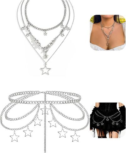 Cross Stars Bats Silver Choker Waist Chains Set for Women: 2 Pcs Belly Body Chain Fashion Stomach Belt, Y2k Punk Goth Necklace, Grunge Gothic Accessories in Saudi Arabia
