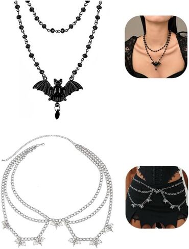 Cross Stars Bats Silver Choker Waist Chains Set for Women: 2 Pcs Belly Body Chain Fashion Stomach Belt, Y2k Punk Goth Necklace, Grunge Gothic Accessories in Saudi Arabia