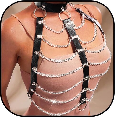 REETAN Leather Chest Harness Chain Black Gothic Fashion Rave Body Accessories for Women in Saudi Arabia