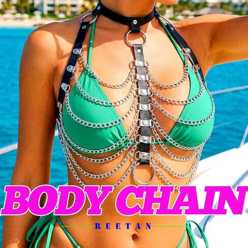 REETAN Leather Chest Harness Chain Black Gothic Fashion Rave Body Accessories for Women in Saudi Arabia