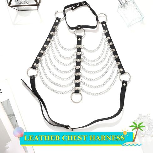 REETAN Leather Chest Harness Chain Black Gothic Fashion Rave Body Accessories for Women in Saudi Arabia