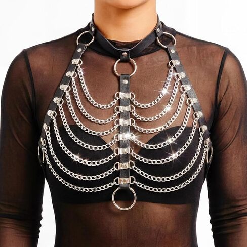 REETAN Leather Chest Harness Chain Black Gothic Fashion Rave Body Accessories for Women in Saudi Arabia
