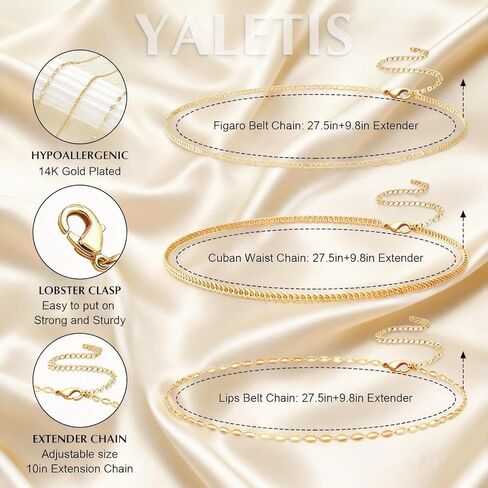 Yaletis14K Gold Plated Waist Chain for Women, Body Chain Belly Chain 3-Pack Set, Gold Waist Chains for Layered Beach Summer Outfits, Body Jewelry Accessories in Saudi Arabia