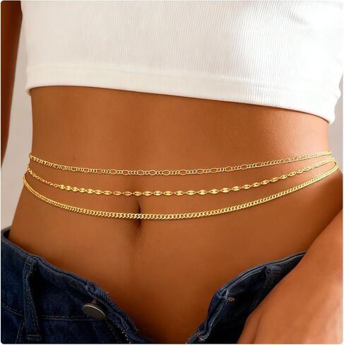 Yaletis14K Gold Plated Waist Chain for Women, Body Chain Belly Chain 3-Pack Set, Gold Waist Chains for Layered Beach Summer Outfits, Body Jewelry Accessories in Saudi Arabia