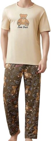 Mens Printed Pajama Set Short Sleeve T Shirt and Long Pants Lounge Sleepwear 2 Piece Home Wear Indoor Relaxation Casual in Saudi Arabia