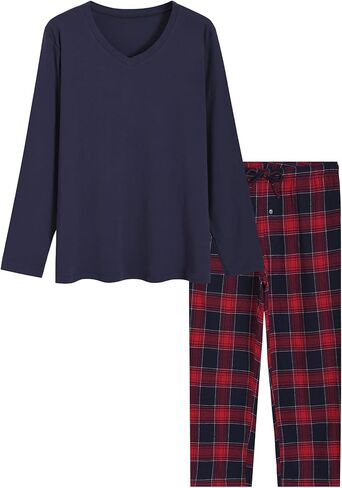Latuza Men's Long Sleeve V-Neck Jersey Shirt Flannel Pants Pajama Lounge Set in Saudi Arabia
