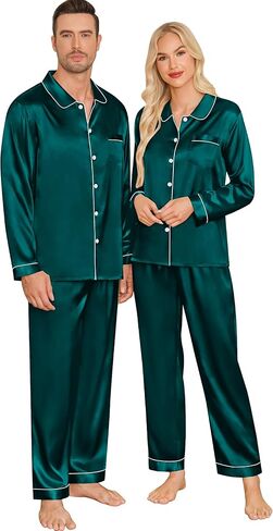 SWOMOG Couples Pajamas Sets Silk Satin Long Sleeve Sleepwear Button Down Loungewear Pjs Set Classic Pajama S-XXL in Saudi Arabia