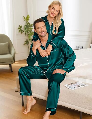 SWOMOG Couples Pajamas Sets Silk Satin Long Sleeve Sleepwear Button Down Loungewear Pjs Set Classic Pajama S-XXL in Saudi Arabia
