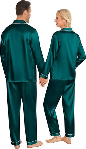 SWOMOG Couples Pajamas Sets Silk Satin Long Sleeve Sleepwear Button Down Loungewear Pjs Set Classic Pajama S-XXL in Saudi Arabia