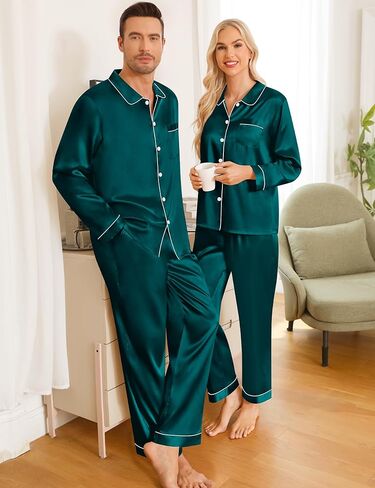 SWOMOG Couples Pajamas Sets Silk Satin Long Sleeve Sleepwear Button Down Loungewear Pjs Set Classic Pajama S-XXL in Saudi Arabia