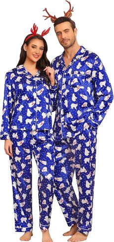 SWOMOG Couples Pajamas Sets Silk Satin Long Sleeve Sleepwear Button Down Loungewear Pjs Set Classic Pajama S-XXL in Saudi Arabia